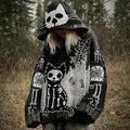 Halloween Funny Black Cat Skull Spider Web Jacquard Knitted Hooded Sweater elevenforest