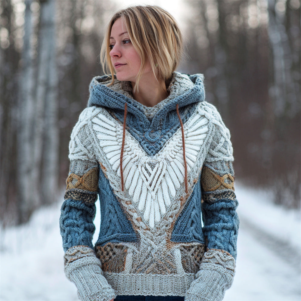Comstylish Viking Mythology Angel Wings Women's Knit Hooded Sweater