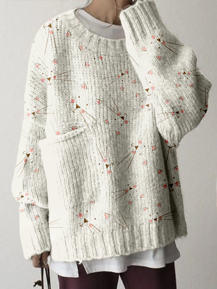 Lovely Kitty Faces Pattern Big Pocket Cozy Sweater elevenforest