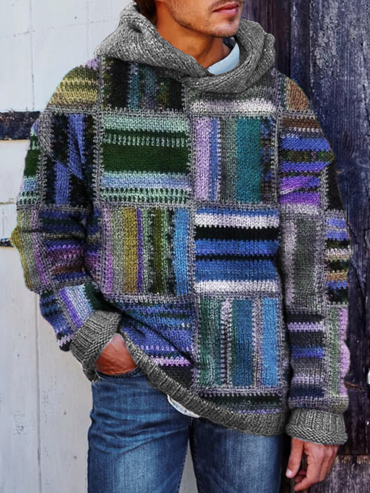 Men's Retro Colorblock Patchwork Cozy Hooded Sweater artswardrobe