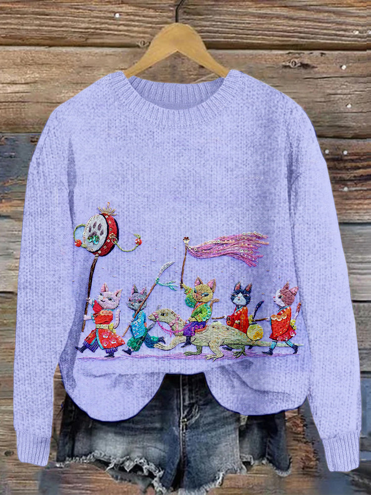 Cute Japanese Cats Art Embroidered Cozy Sweater elevenforest