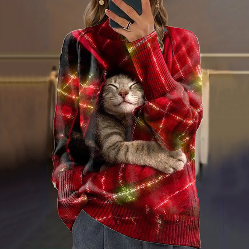 Plaid Cat Print Turtleneck Cozy Knit Sweater elevenforest