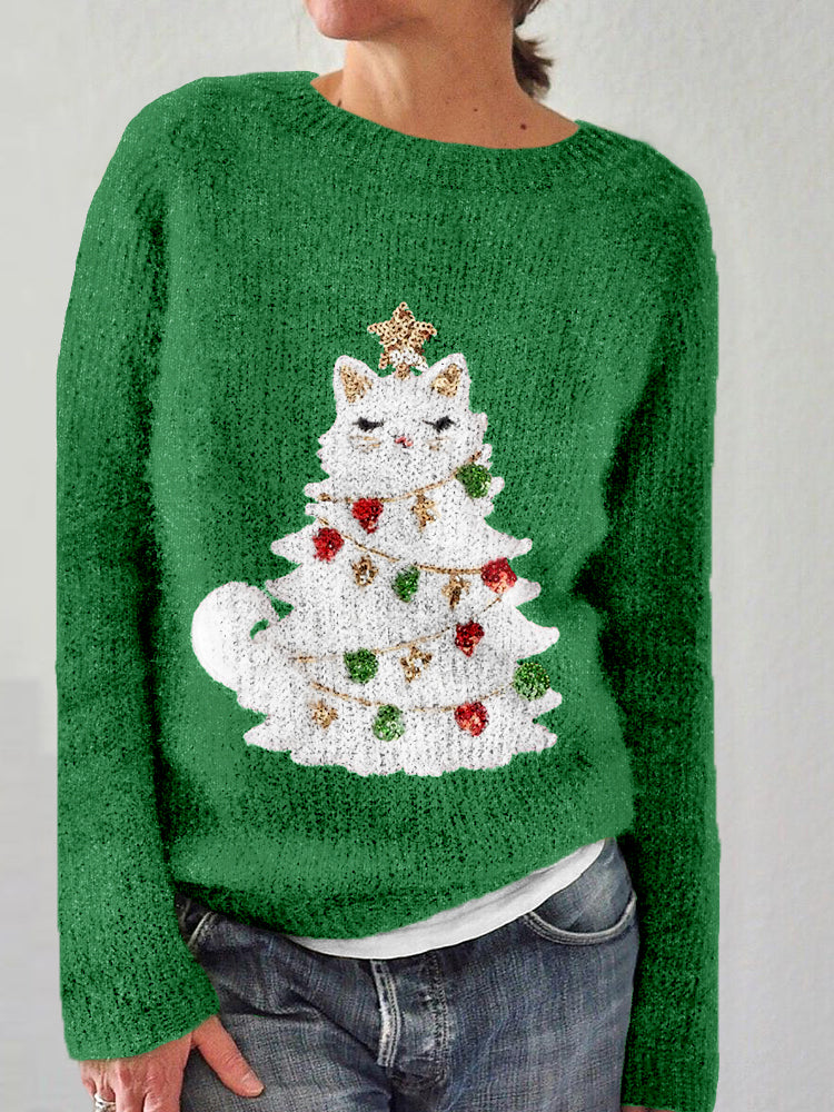 Cute Christmas Cat Tree Graphic Cozy Sweater elevenforest