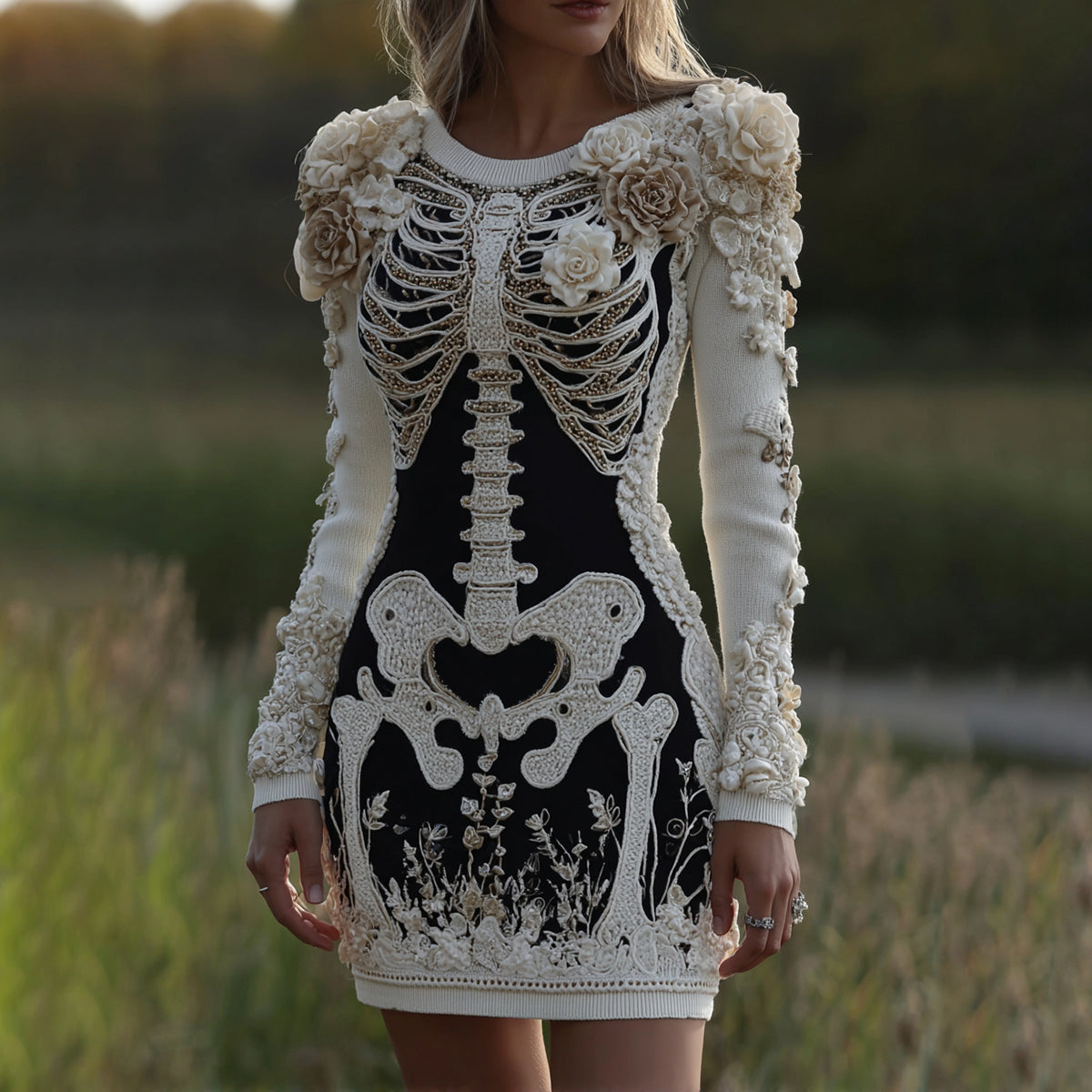 Comstylish Women's Halloween Skeleton Bones With Rose Art Cozy Knit Mini Sweater Dress