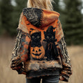 Comstylish Halloween Funny Black Cat Pumpkin Jacquard Knitted Zipper Up Hooded Sweater