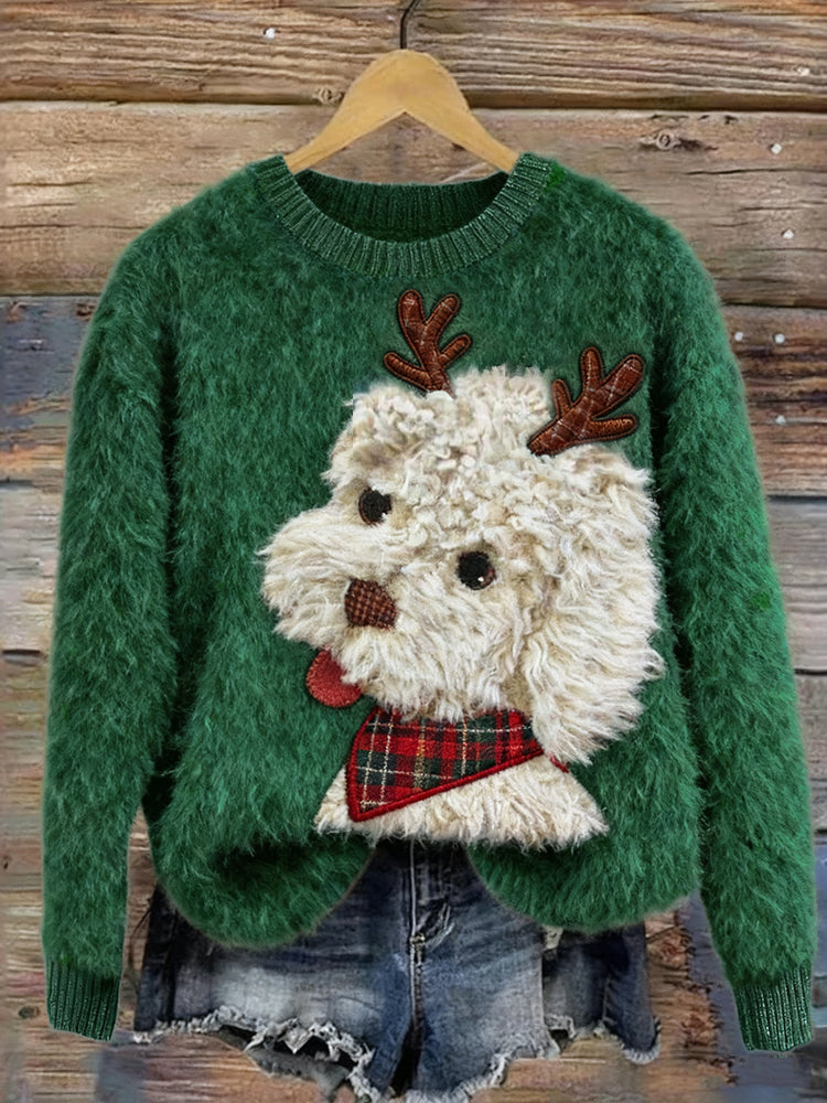 Christmas Fuzzy Dog With Reindeer Horns Cozy Sweater