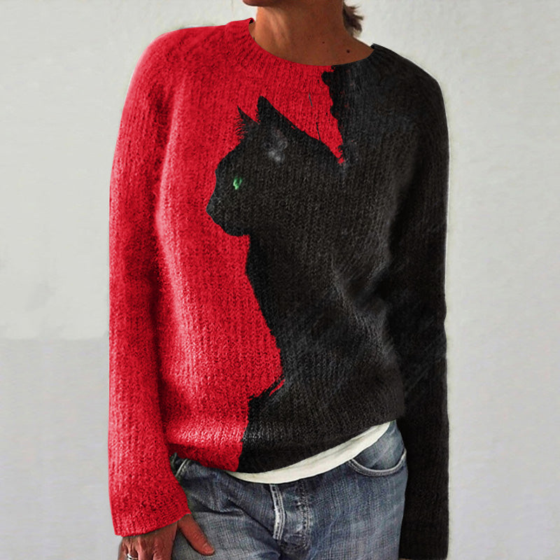 Abstract Creative Black And White Contrast Cat Painting Art Print Knitted Pullover Sweater elevenforest