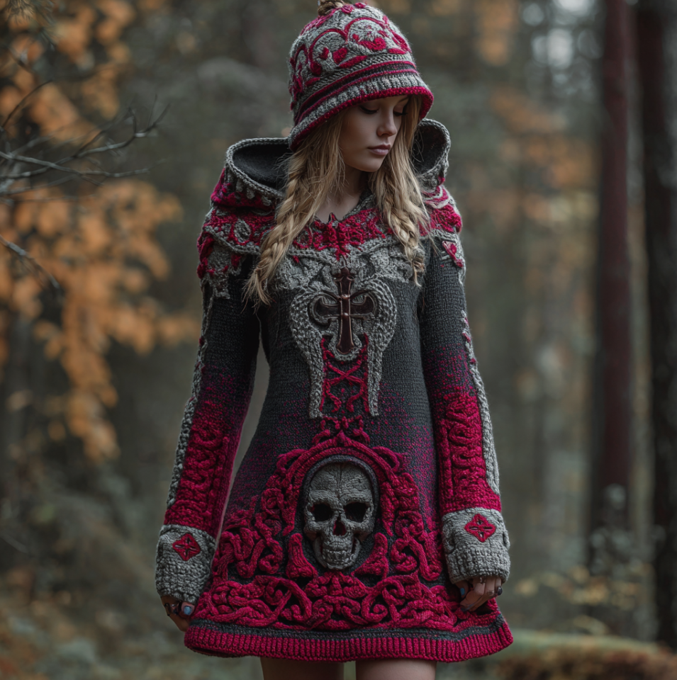 Halloween Viking Style Lady Hooded Knit Sweater Dress artswardrobe