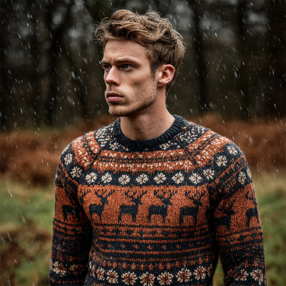 Vintage British Christmas Reindeer And Snowflake Design Men's Icelandic Sweater artswardrobe