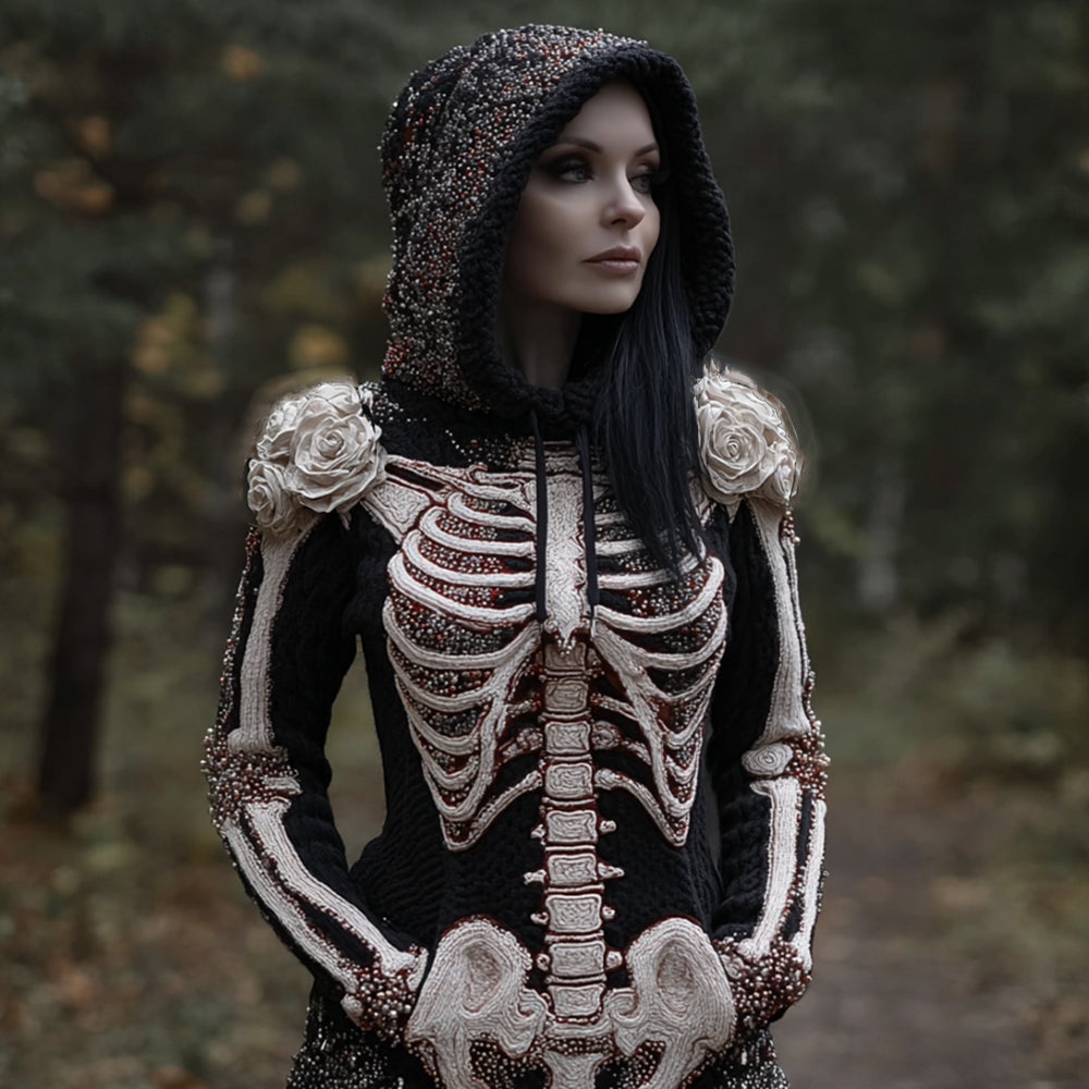Comstylish Women Halloween Human Skeleton Skeleton And Flower Hooded Sweater