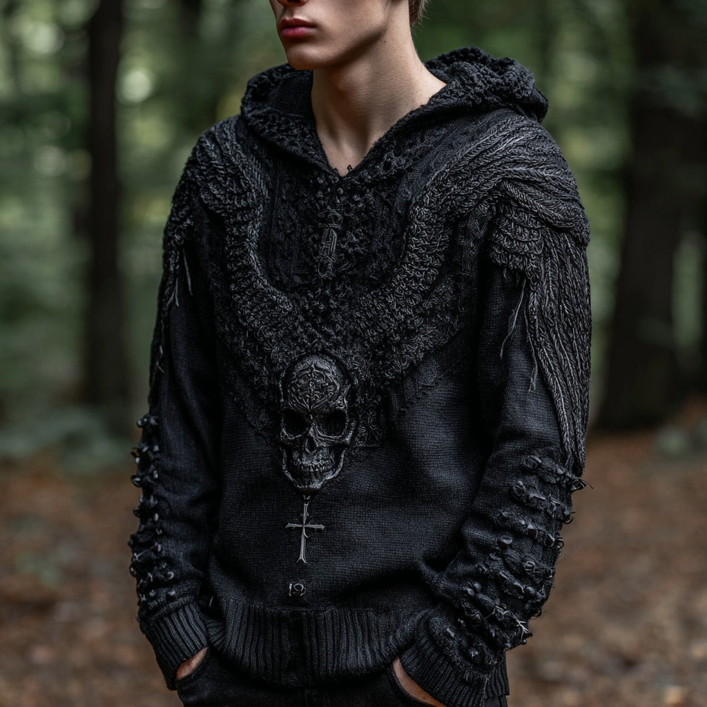 Men's Rock Wings Skull And Cross Knitted Cozy Hooded Sweater artswardrobe