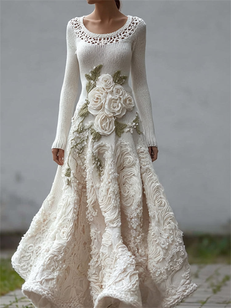 Comstylish Classy White Roses Lace Patchwork Cozy Maxi Sweater Dress