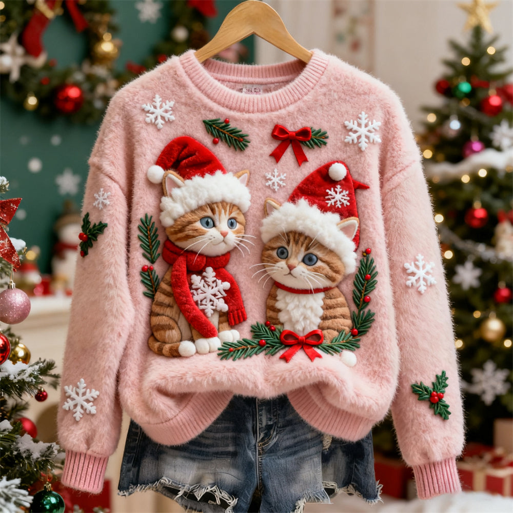 Christmas Cat Art Women's Cozy Plush Sweater elevenforest