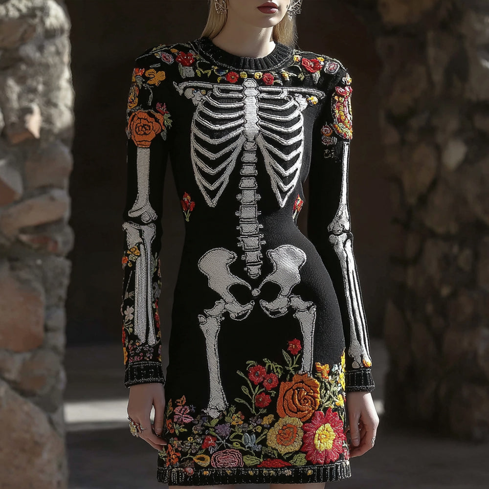 Comstylish Women's Vintage Halloween Skeleton Bones Flower Comfortable Elegant Sweater Dress
