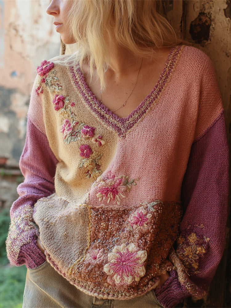 Boho Floral Embroidery Color Block Women's V-neck Sweater