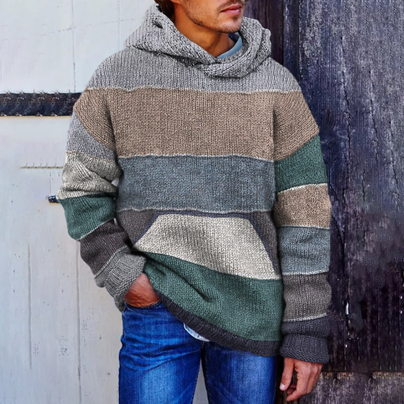 Men'S Vintage Colorful Knitted Patchwork Cozy Hooded Sweater artswardrobe