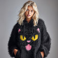 Women's National Black Cat Day Cute Cat Art Knitted Fuzzy Hooded Sweater elevenforest