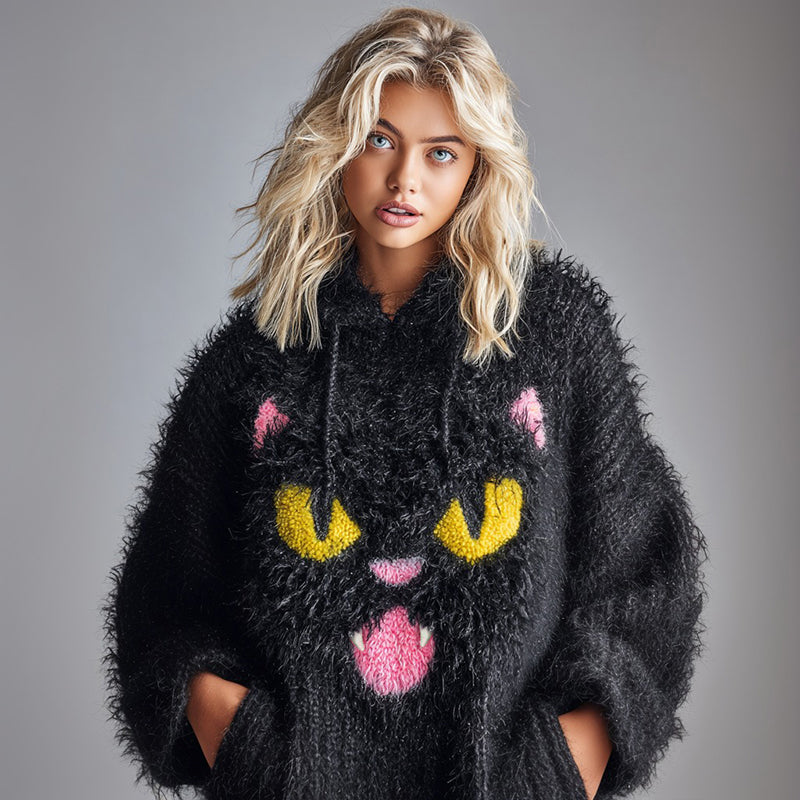 Women's National Black Cat Day Cute Cat Art Knitted Fuzzy Hooded Sweater elevenforest