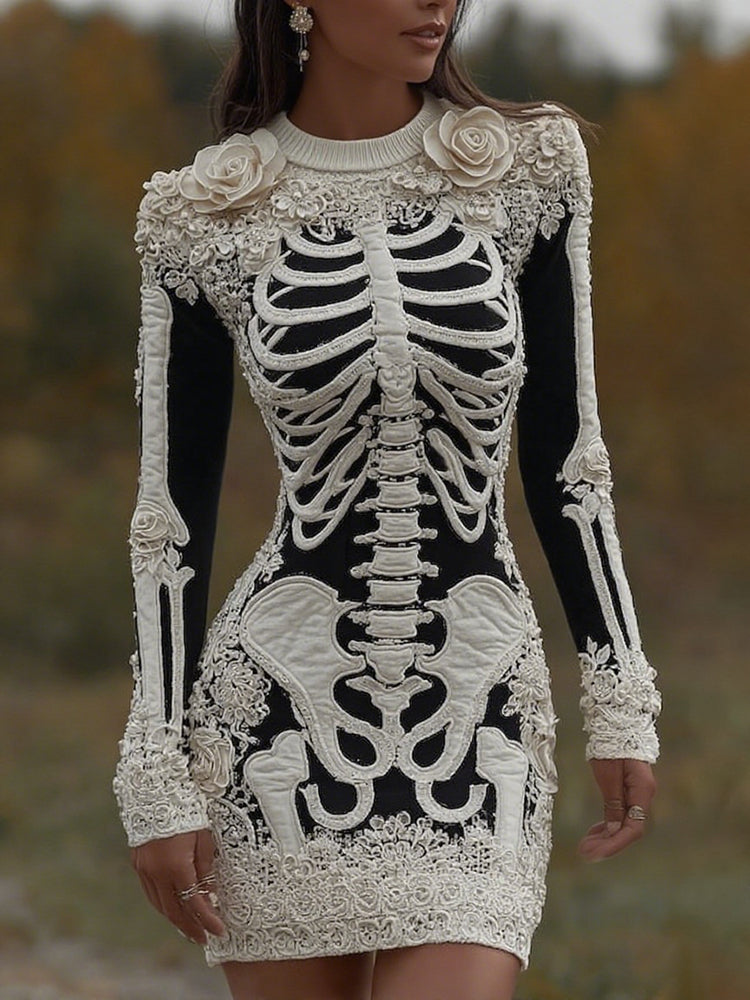 Comstylish Women's Vintage Halloween Skeleton Bones With Rose Art Cozy Knit Mini Sweater Dress
