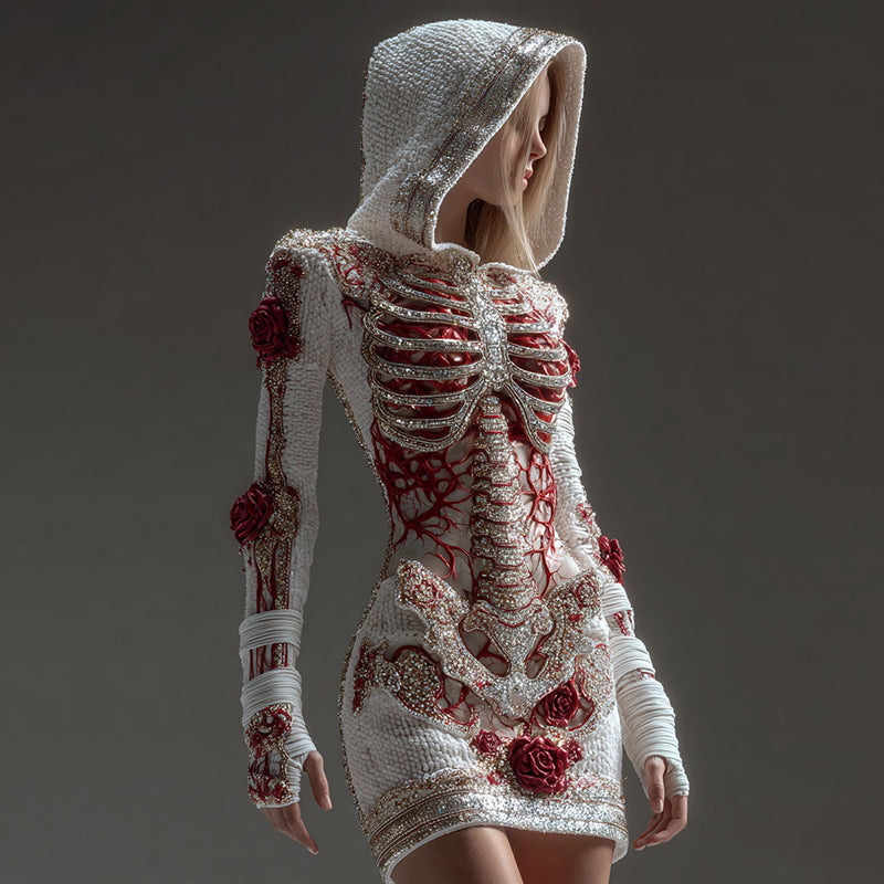 Comstylish Women's Skeleton Roses Bandages Shining Diamond Art Cozy Knit Hooded Mini Sweater Dress