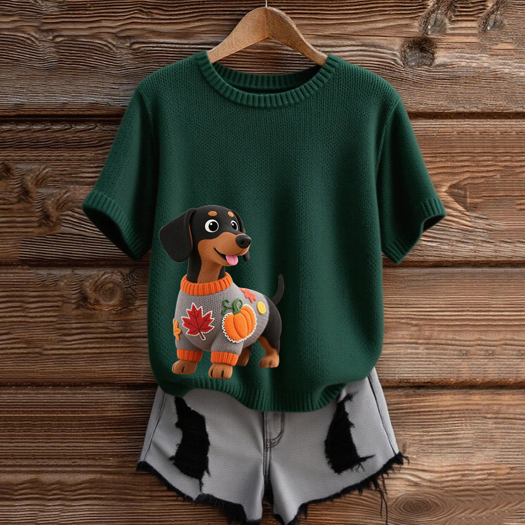 Comstylish Vintage Dachshund With Felt In Autumn Inspired Embroidered Short Sleeve Cozy Knit Sweater