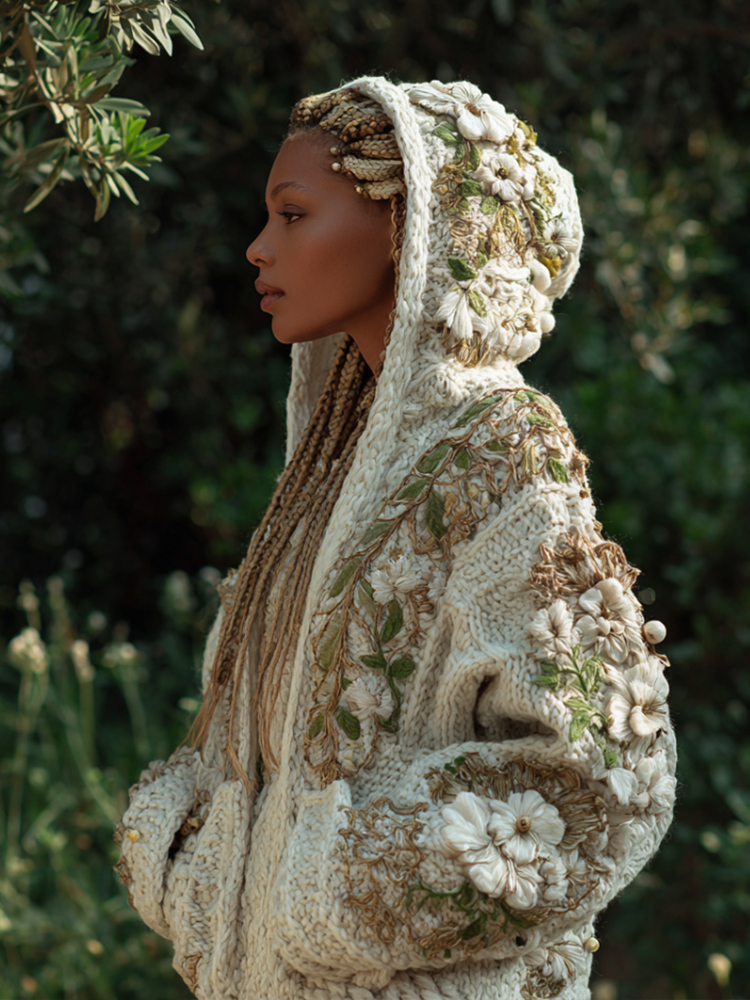 Women's Bohemian Style Plant Flower Pattern Embroidered Hooded Sweater Jacket artswardrobe