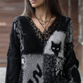 Black Cats Colorblock Patchwork V Neck Cozy Knit Sweater artswardrobe