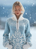 Comstylish Snowflakes Celtic Knot Contrast Cozy Knit Zip Up Sweater