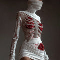 Women's Red Rose Skeleton Art Round Neck Knit Mini Sweater Dress artswardrobe