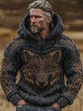 Men's Viking Retro Wolf Head Celtic Knot Embroidery Linen Grey Hoodie Sweater elevenforest