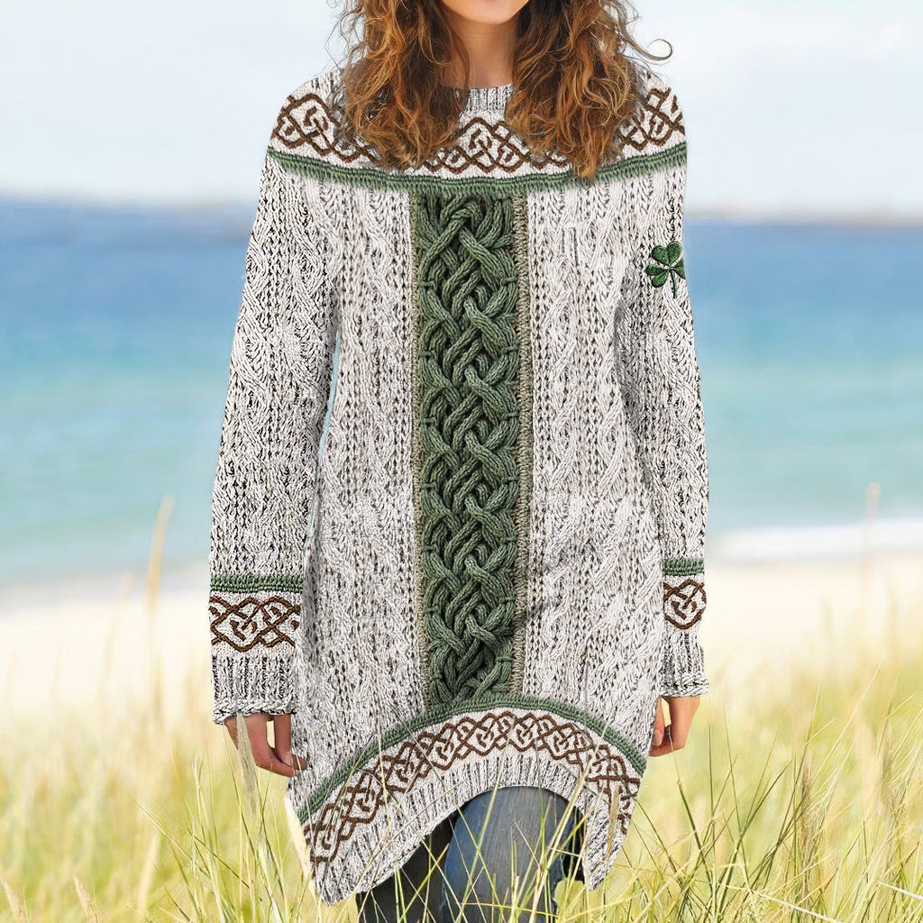Women's Irish Celtic Knotted Shamrock Contrast Jacquard Sweater Dress artswardrobe