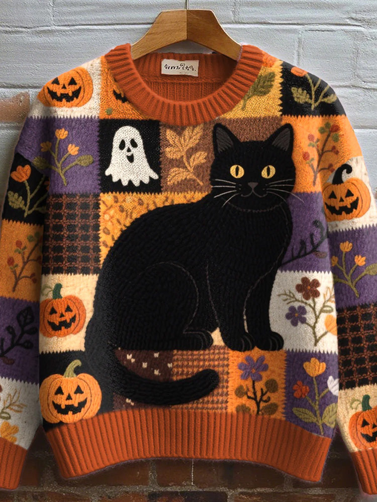 Women's Halloween Inspired Cat Embroidered Cozy Knit Sweater elevenforest