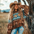 Women's Western Vintage Floral Contrast Cozy Sweater artswardrobe