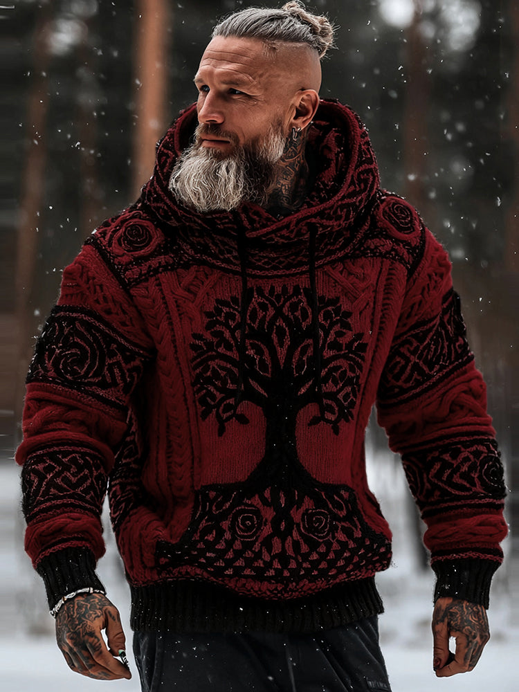 Men's Viking Tribal Jacquard Celtic With Rose And Tree Of Life Inspired Chunky Knit Hooded Sweater artswardrobe