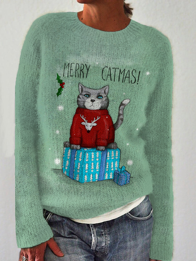 Christmas Box Santa Cat Cozy Knit Sweater elevenforest