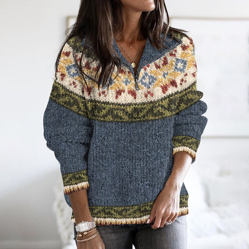 Retro Geometric Knitted Button Down Ziper Cozy Sweater elevenforest