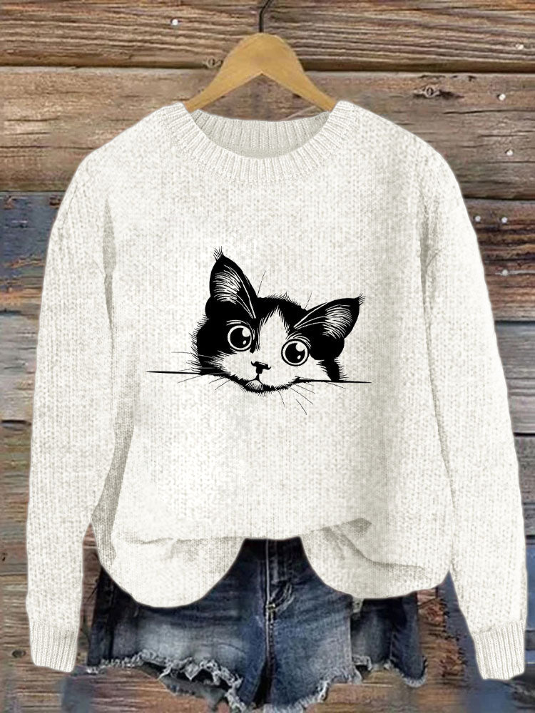 Women's Casual Funny Black Cat Print Sweater elevenforest