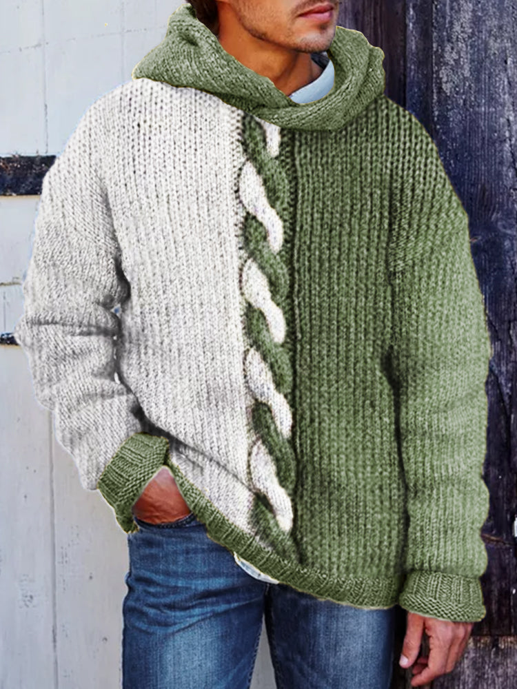 Men's Retro Cable Knit Contrast Color Hooded Sweater artswardrobe