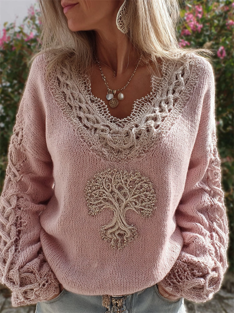 Vintage Viking Tree Of Life Lace V Neck Cozy Sweater artswardrobe