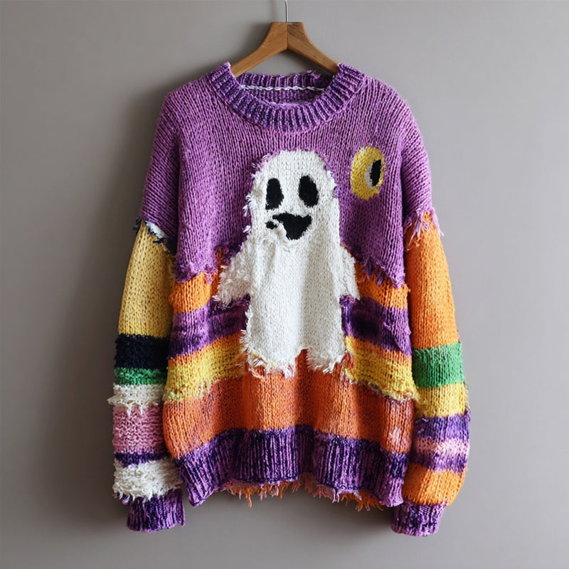 Halloween Spooky Ghost Embroidered Patchwork Cozy Knitted Sweater artswardrobe