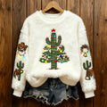 Comstylish Warm Crew Neck Sweater With Cactus And Christmas Tree Pattern