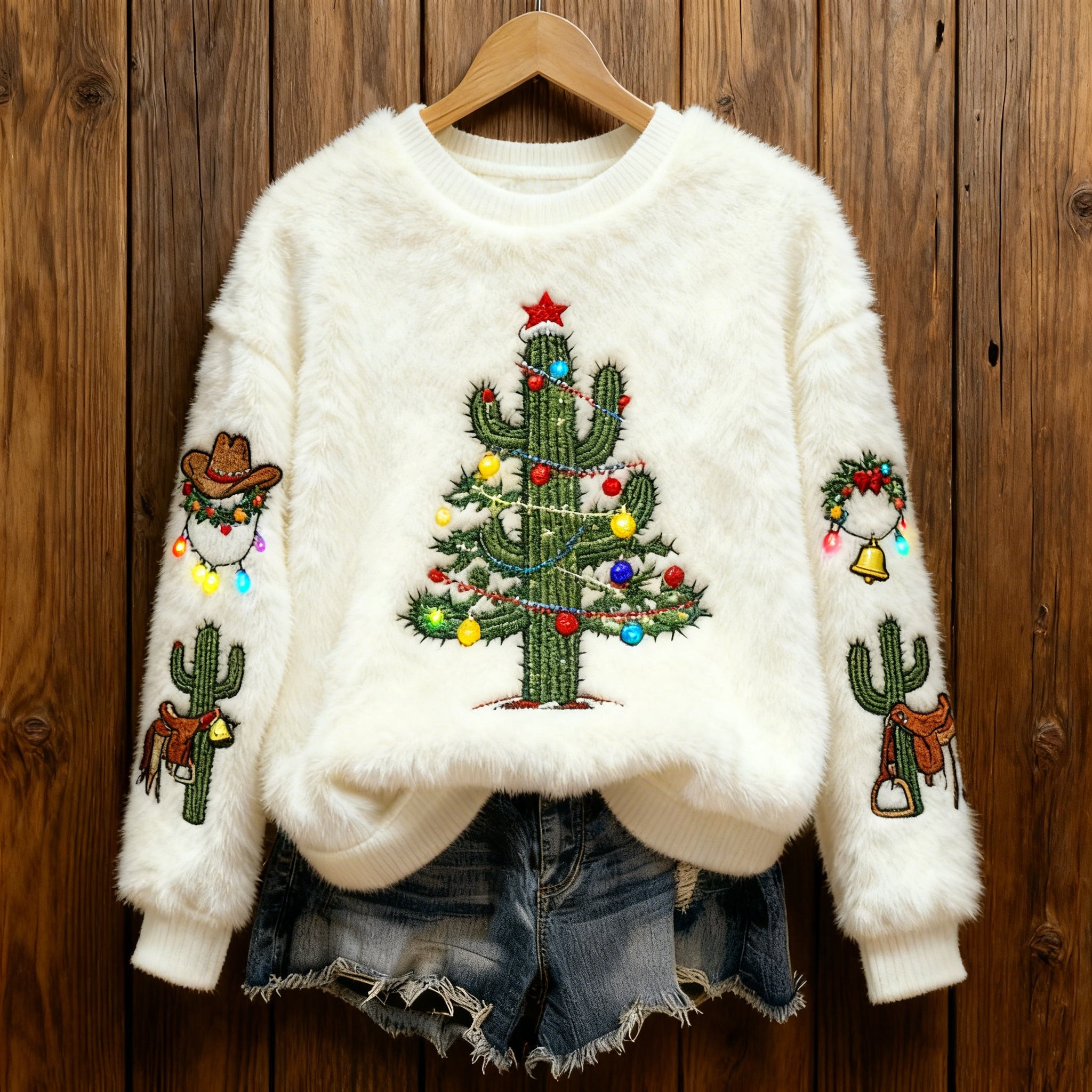 Comstylish Warm Crew Neck Sweater With Cactus And Christmas Tree Pattern
