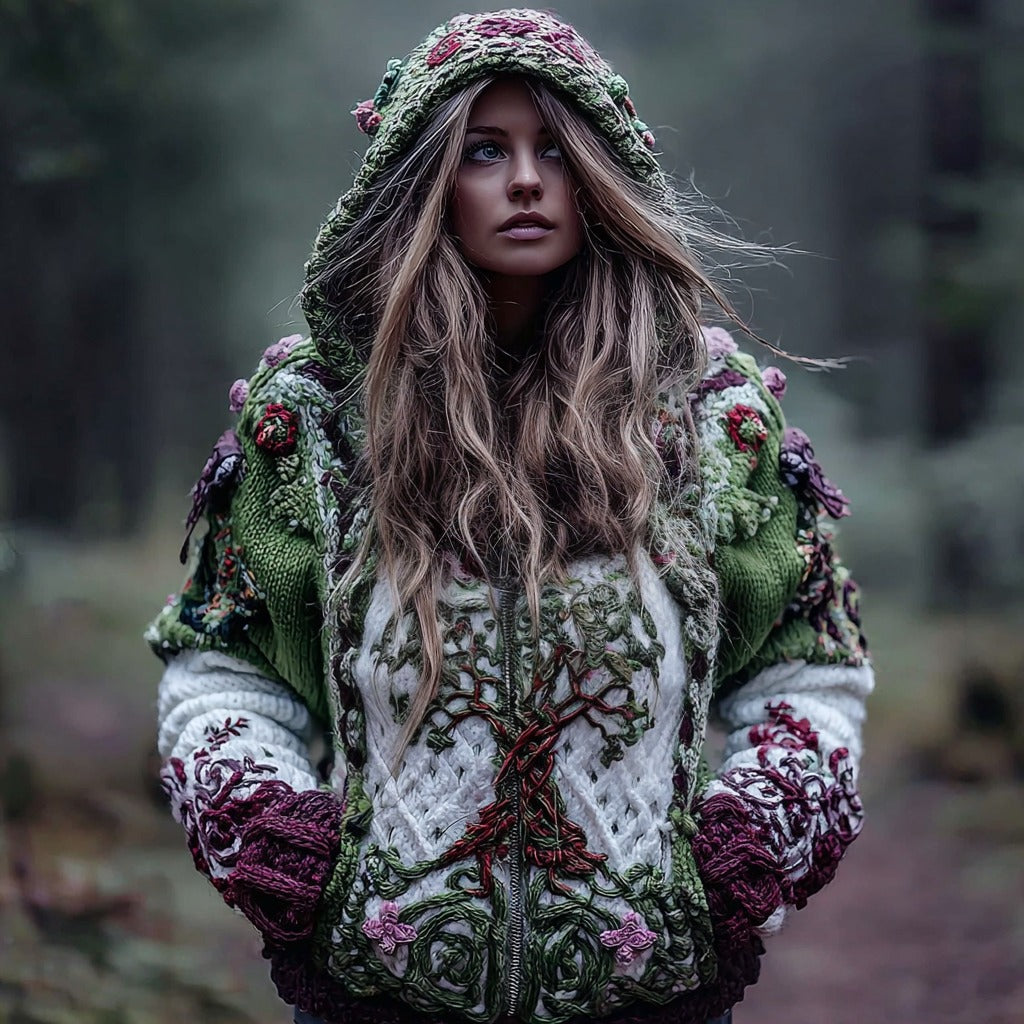 Women's Vintage Viking Tree Of Life Art Knit Zip-up Hooded Sweater artswardrobe