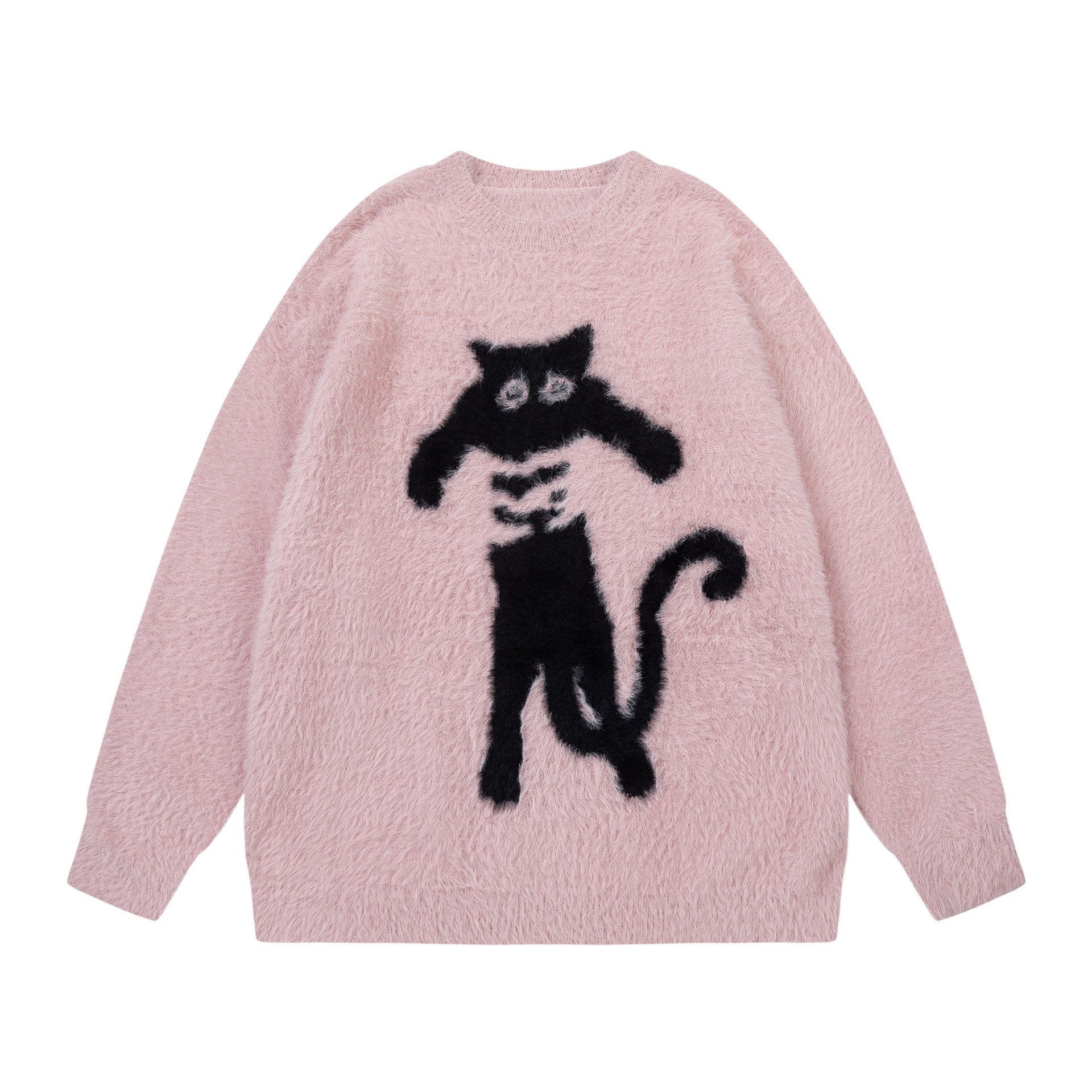 Abstract Black Cat Graphic Jacquard Art Fuzzy Knit Unisex Sweater elevenforest