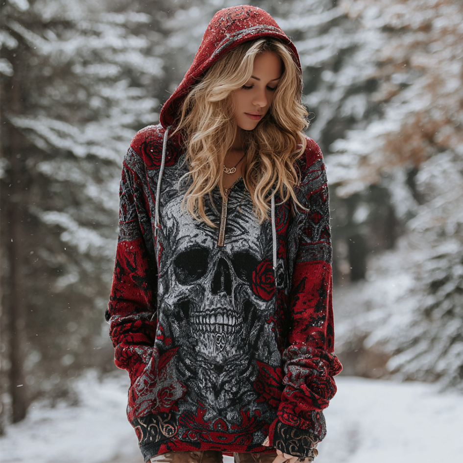 Halloween Skeleton Element Viking Style Women's Hooded Pullover Knit Sweater artswardrobe