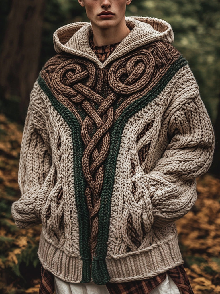 Men's Vintage Irish Celtic Knot Jacquard Mottled Hooded Sweater artswardrobe