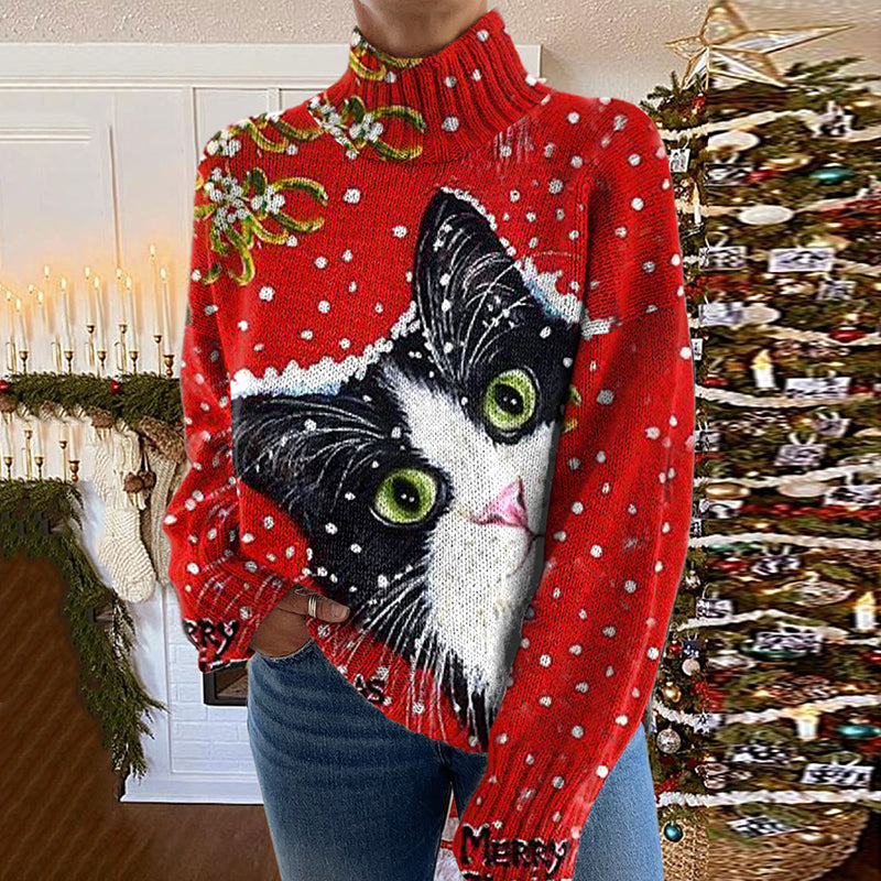 Women's Christmas Cat Print Turtleneck Knitted Sweater elevenforest
