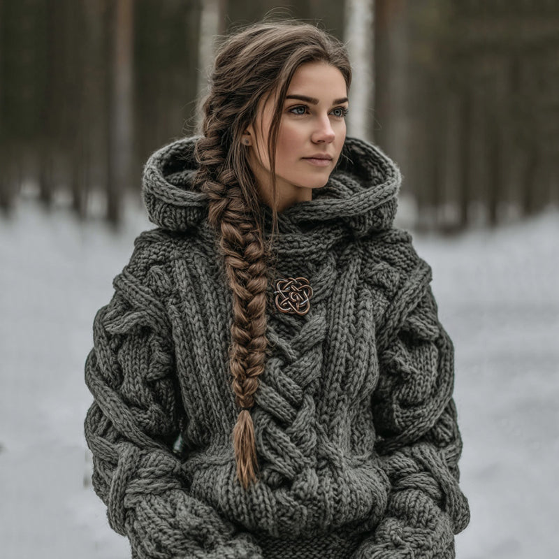 Women's Vintage Celtic Knot Art Knit Aran Hooded Sweater artswardrobe