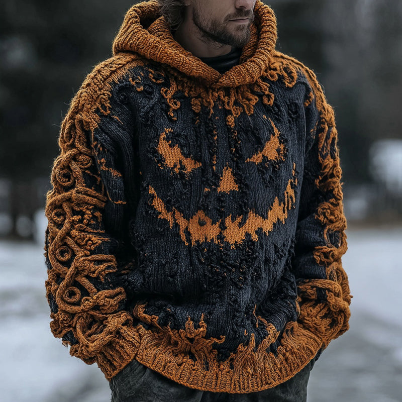 Men's Halloween Pumpkin Face Contrast Knit Hooded Sweater elevenforest