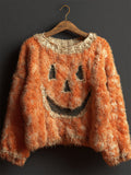 Halloween Pumpkin Face Stitched Cozy Fuzzy Knit Sweater artswardrobe
